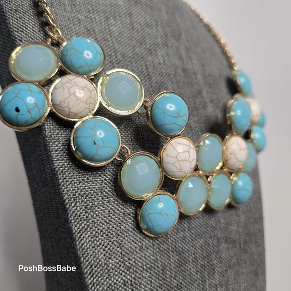 Turquoise Howlite & Aqua Statement Bib Necklace – Gold-Tone Chain - Picture 4 of 8
